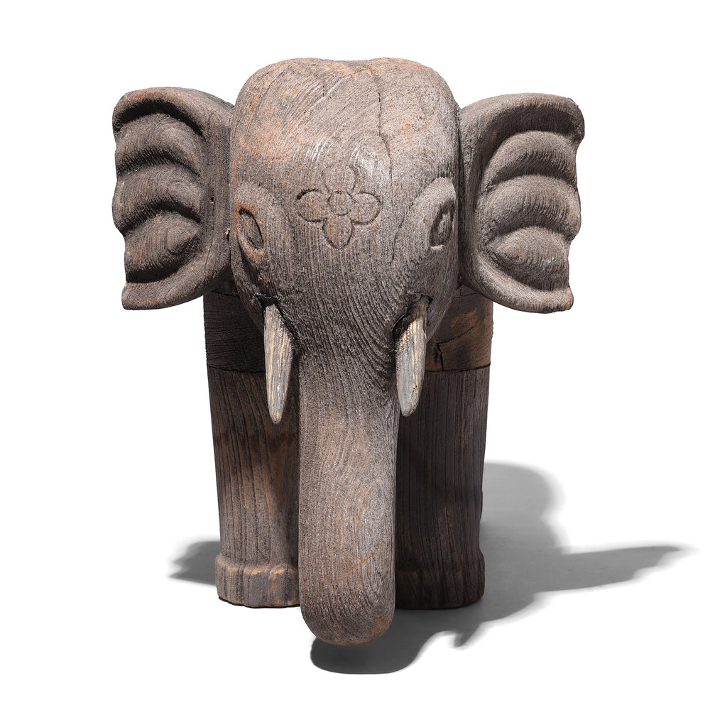 Front View Of Carved Teak Gujarati Elephant With Floral Motif And Incised Decoration