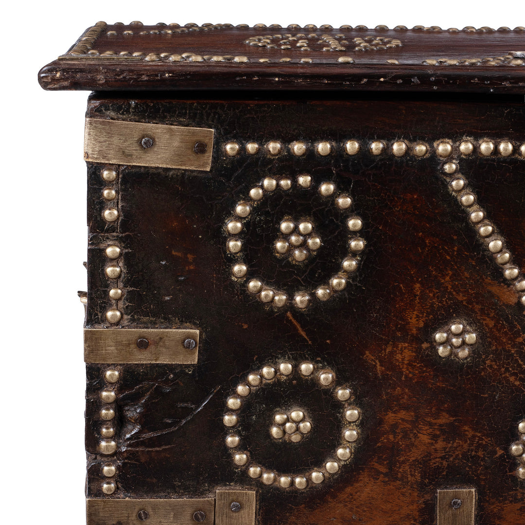 Corner Detail From Indian Rosewood Zanzibar Chest With Brass Studs And Iron Handles From Kutch 19Th Century