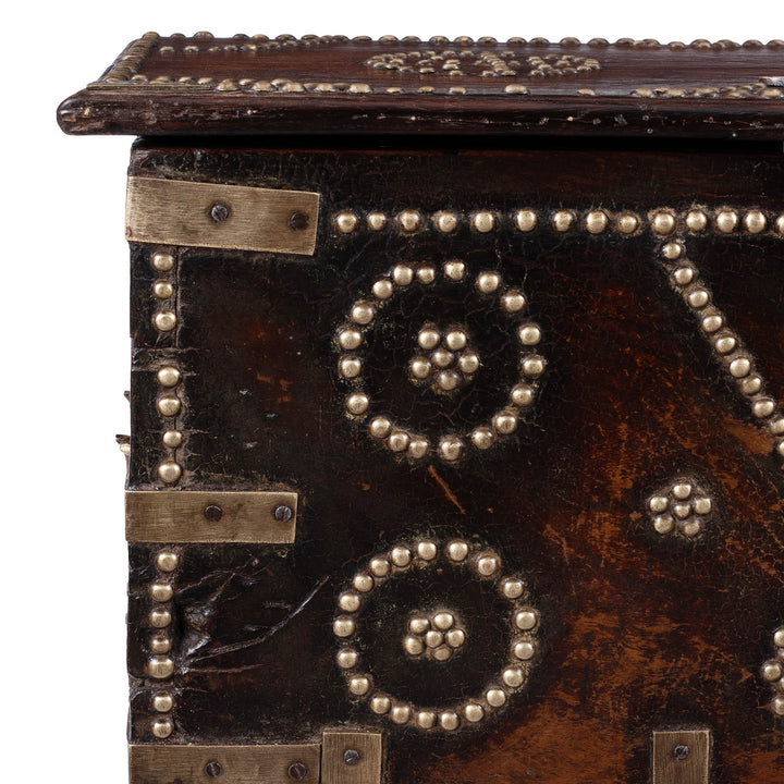 Corner Detail From Indian Rosewood Zanzibar Chest With Brass Studs And Iron Handles From Kutch 19Th Century