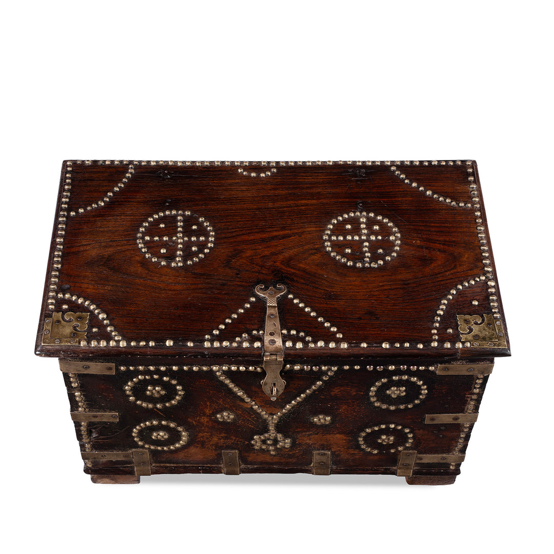 Top Down VIew Of Indian Rosewood Zanzibar Chest With Brass Studs And Iron Handles From Kutch 19Th Century