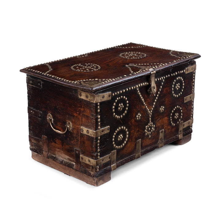 Angled View Of Indian Rosewood Zanzibar Chest With Brass Studs And Iron Handles From Kutch 19Th Century