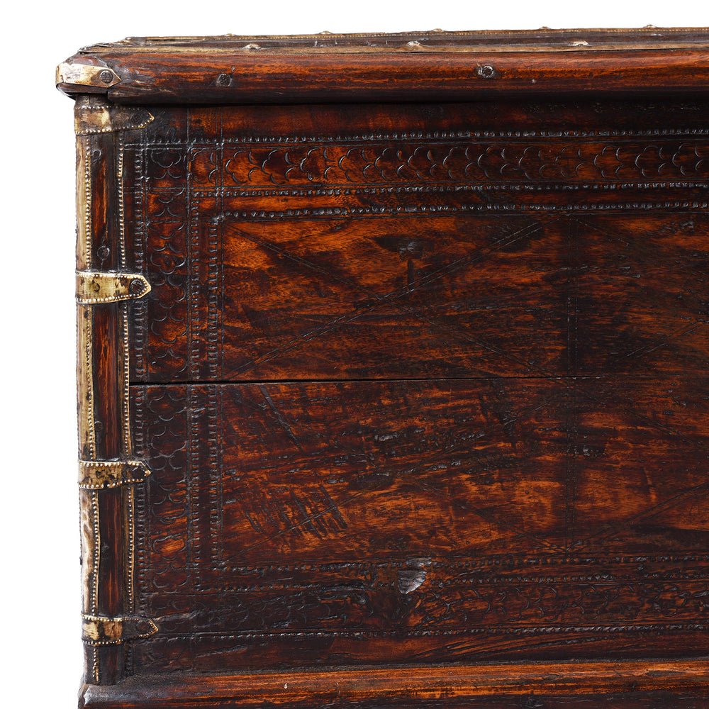 Corner Detail Shwoing Carving From Antique Indian Brass Bound Chest | Indigo Antiques