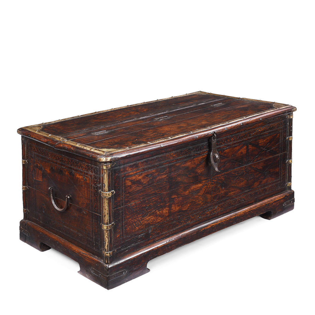 Angled VIew Of Antique Indian Brass Bound Chest | Indigo Antiques