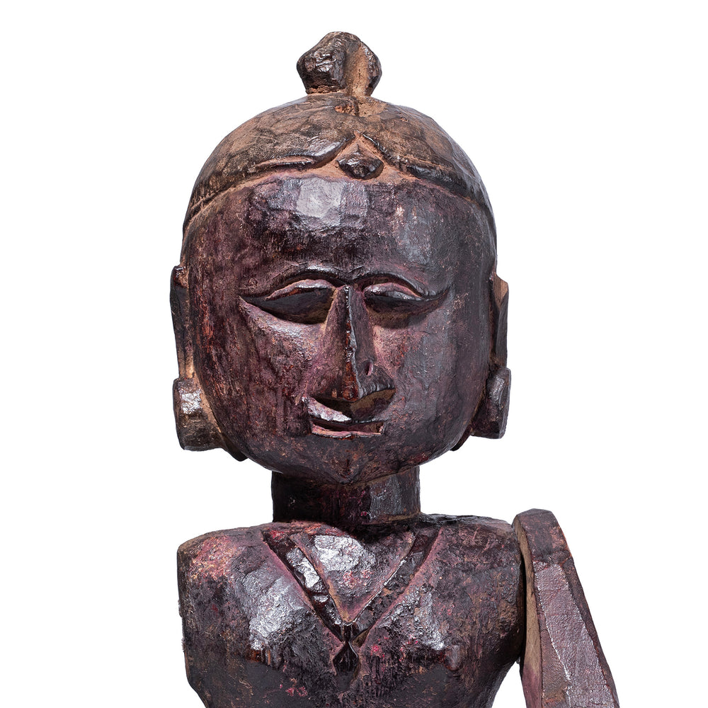 Face Detail From Carved Teak Jodhpur Gangaur Figure With Movable Arm And Long Tied Hair