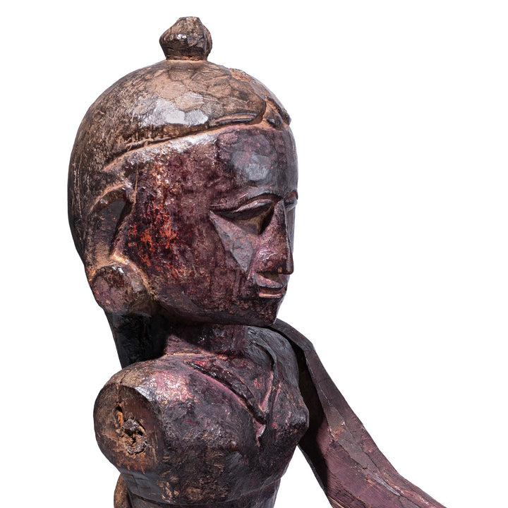 Face Detail From Carved Teak Jodhpur Gangaur Figure With Movable Arm And Long Tied Hair
