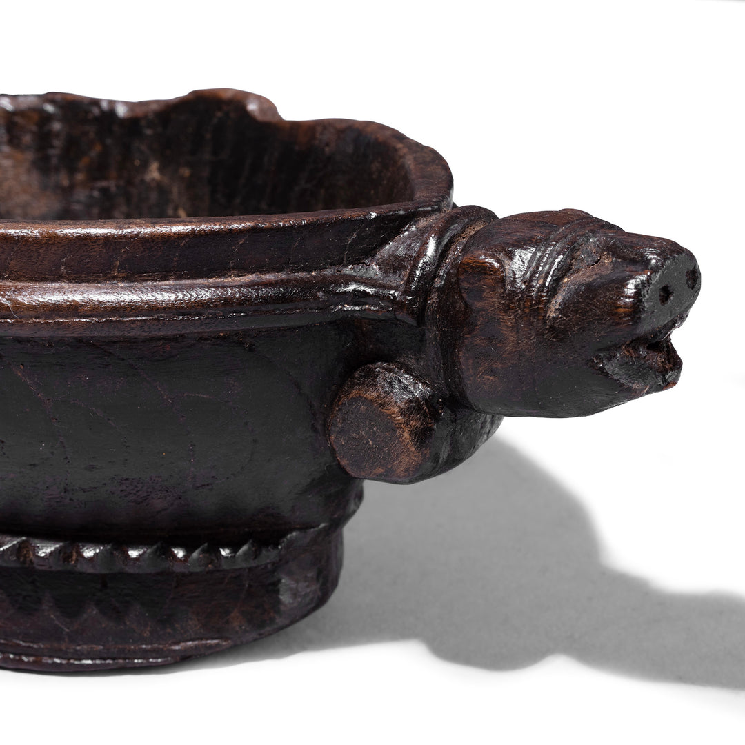 Tiger Head Detail From Carved Teak Rajasthani Kharal With Tiger Head Spout And Dark Patina