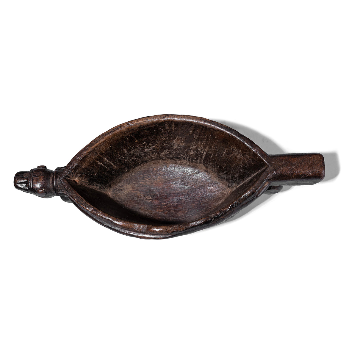 Interior Of Carved Teak Rajasthani Kharal With Tiger Head Spout And Dark Patina