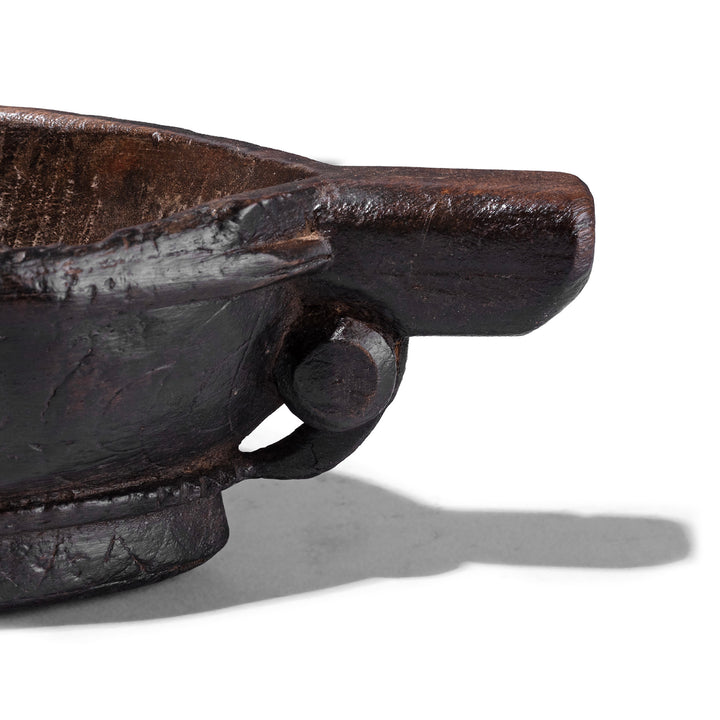 Rear Detail From Carved Teak Rajasthani Kharal With Tiger Head Spout And Dark Patina