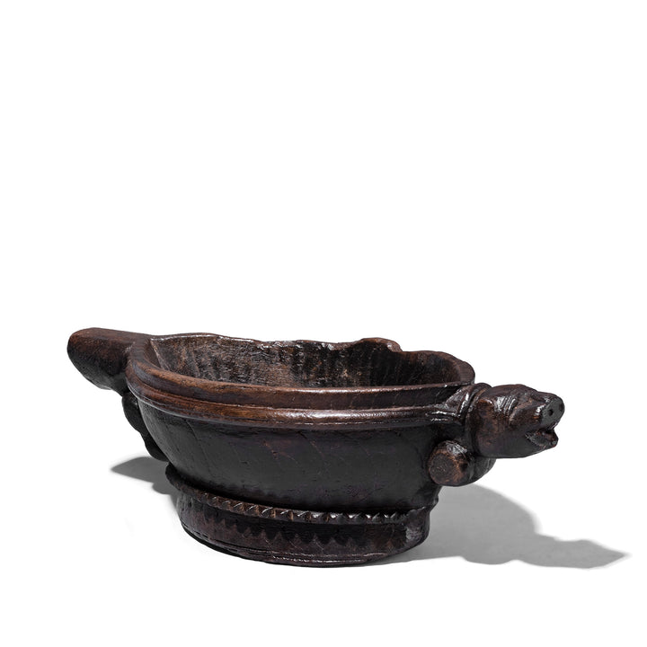 Carved Teak Rajasthani Kharal With Tiger Head Spout And Dark Patina