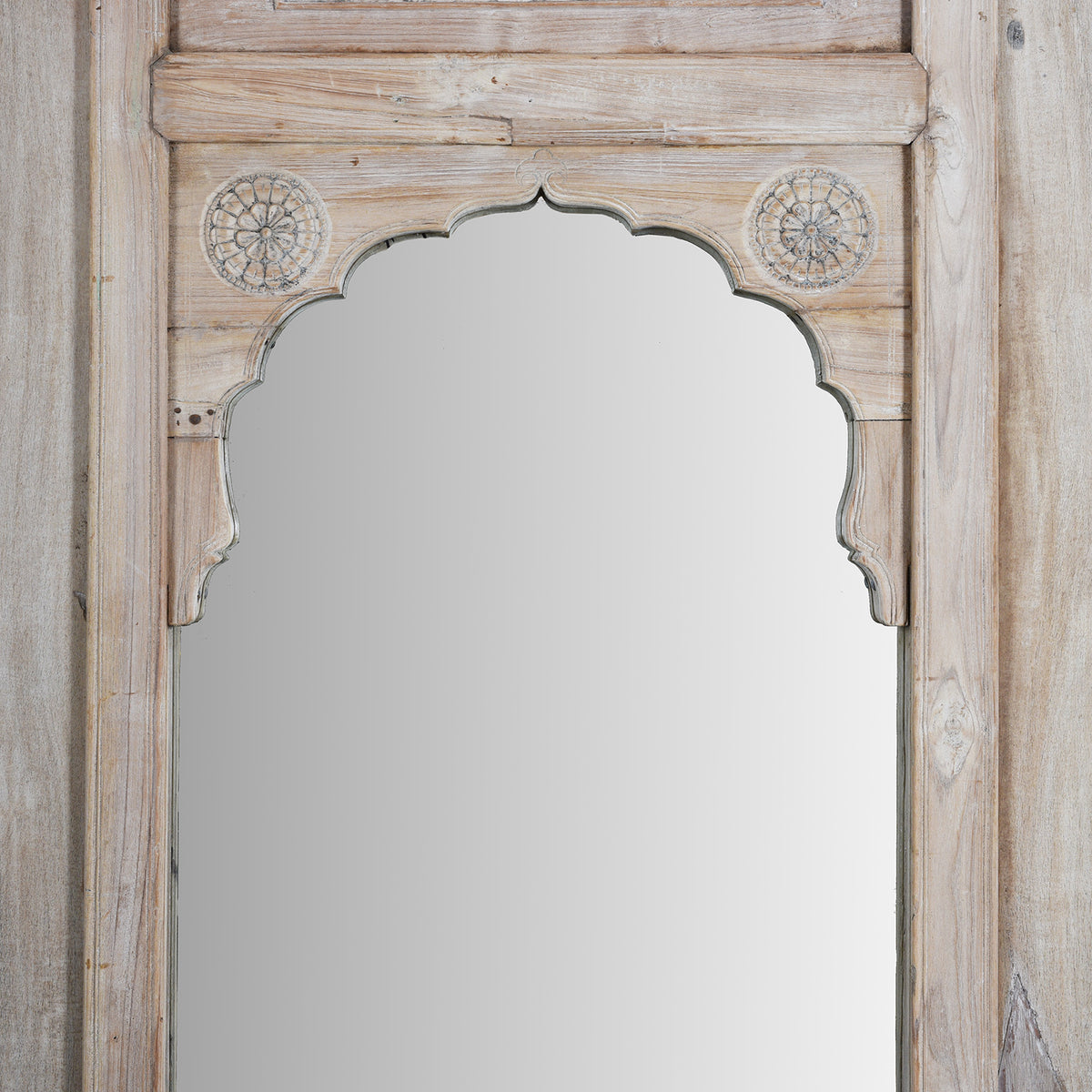 Archway Detail From Limed Teak Mirror With Mughal Arch And Floral Carvings From Hyderabad South India