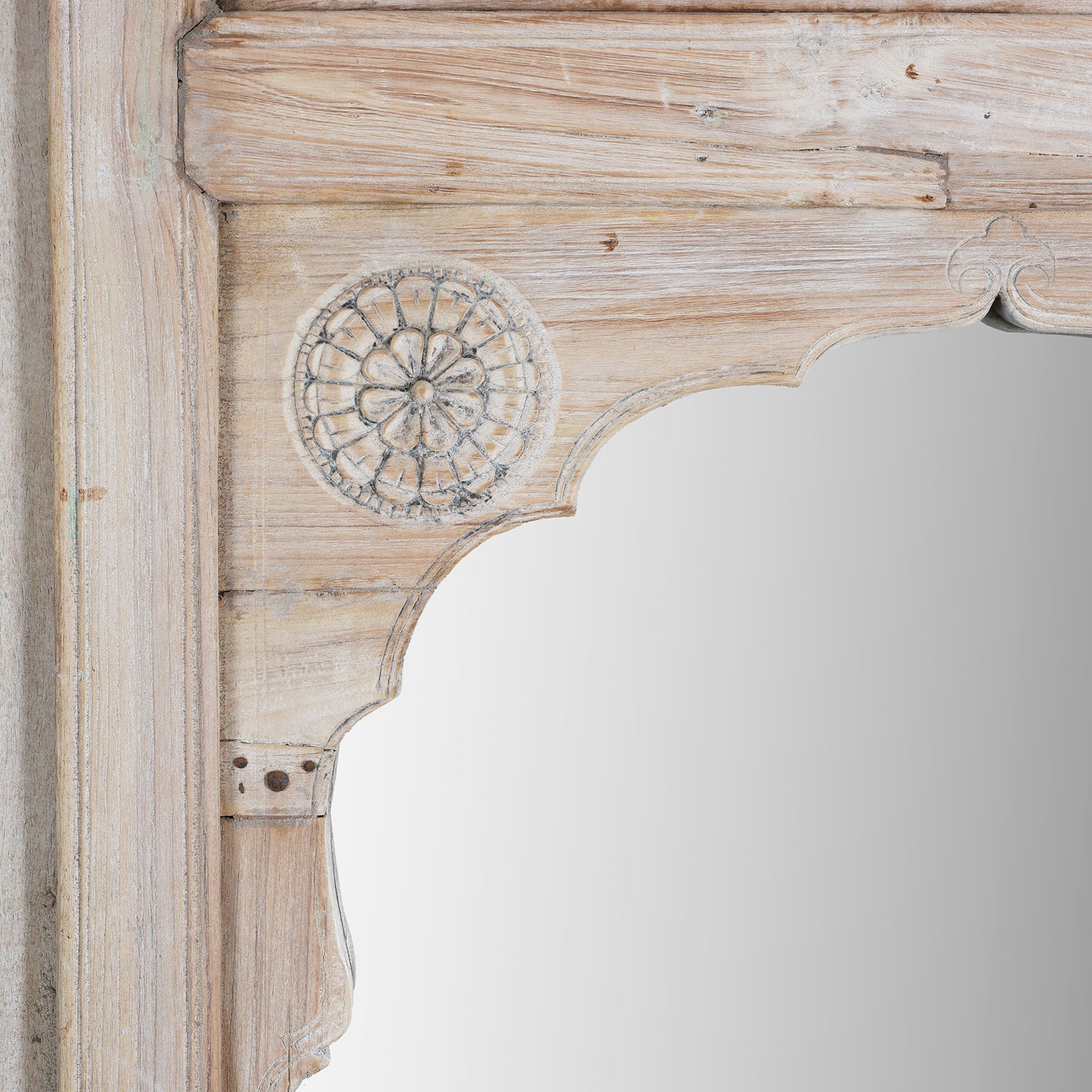 Carving Detail From Limed Teak Mirror With Mughal Arch And Floral Carvings From Hyderabad South India