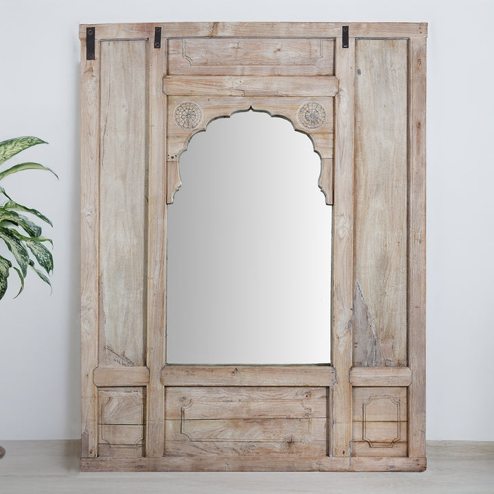Limed Teak Mirror With Mughal Arch And Floral Carvings From Hyderabad South India
