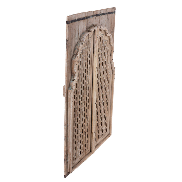 Angled View Of Limed Teak Hyderabad Window Shutter With Mughal Arch Nineteenth Century