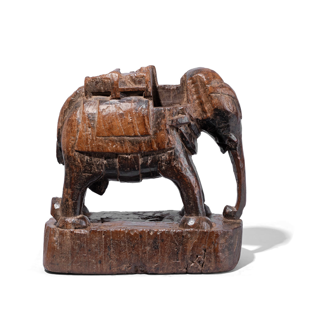 Carved Teak Gujarati Elephant With Stylised Panniers And Aged Patina
