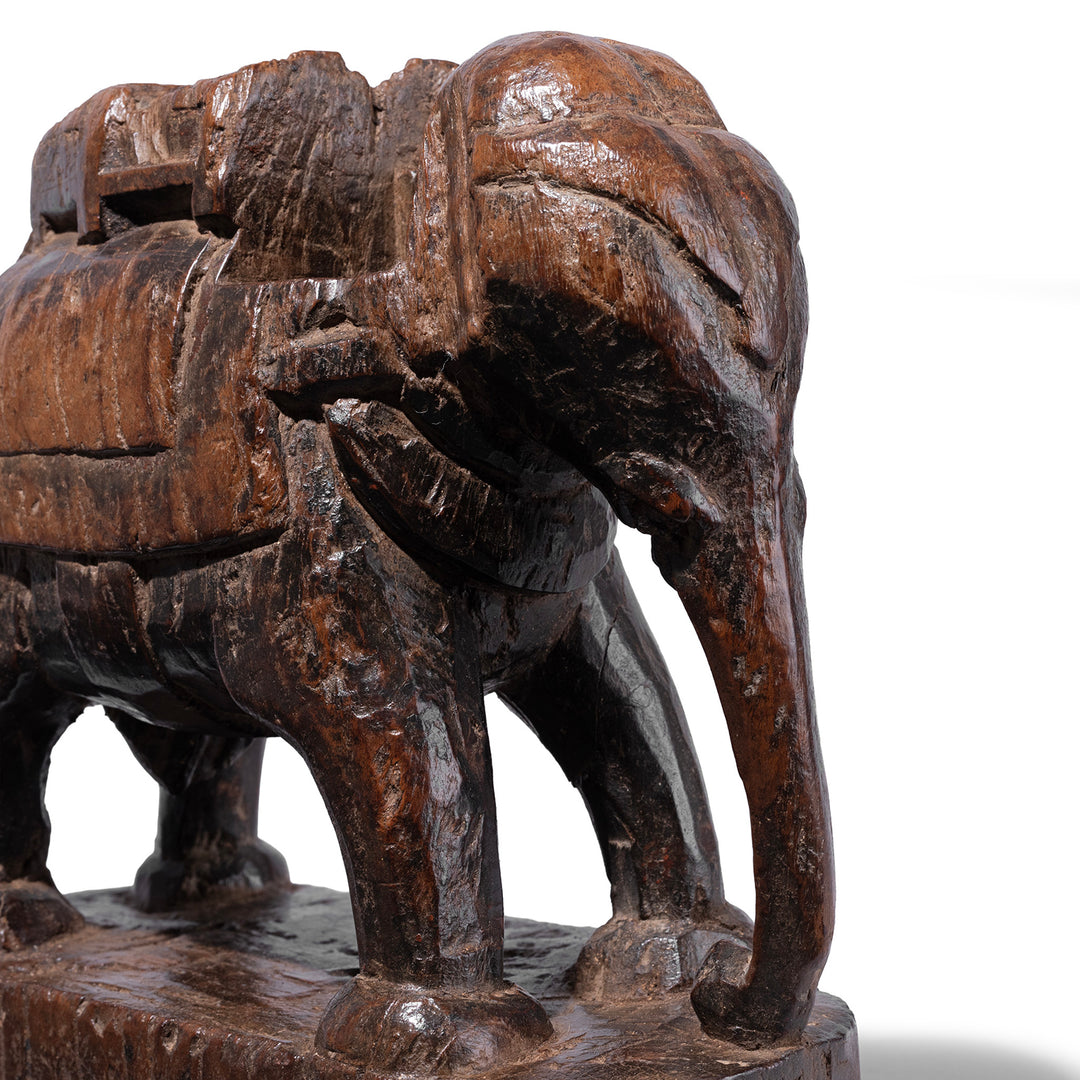 Face Detail From Carved Teak Gujarati Elephant With Stylised Panniers And Aged Patina