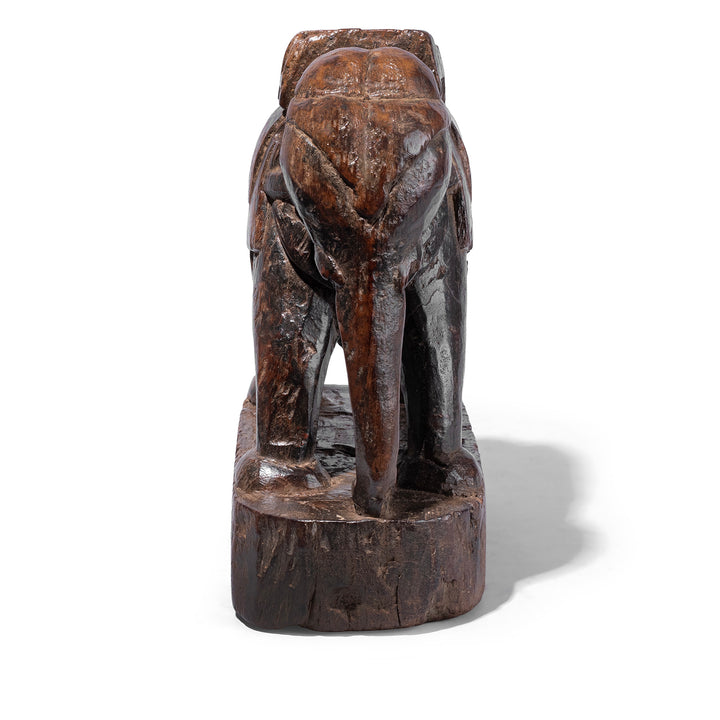 Front VIew Of Carved Teak Gujarati Elephant With Stylised Panniers And Aged Patina