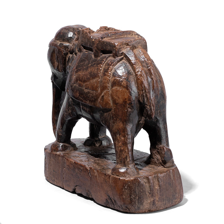 Rear View Of Carved Teak Gujarati Elephant With Stylised Panniers And Aged Patina