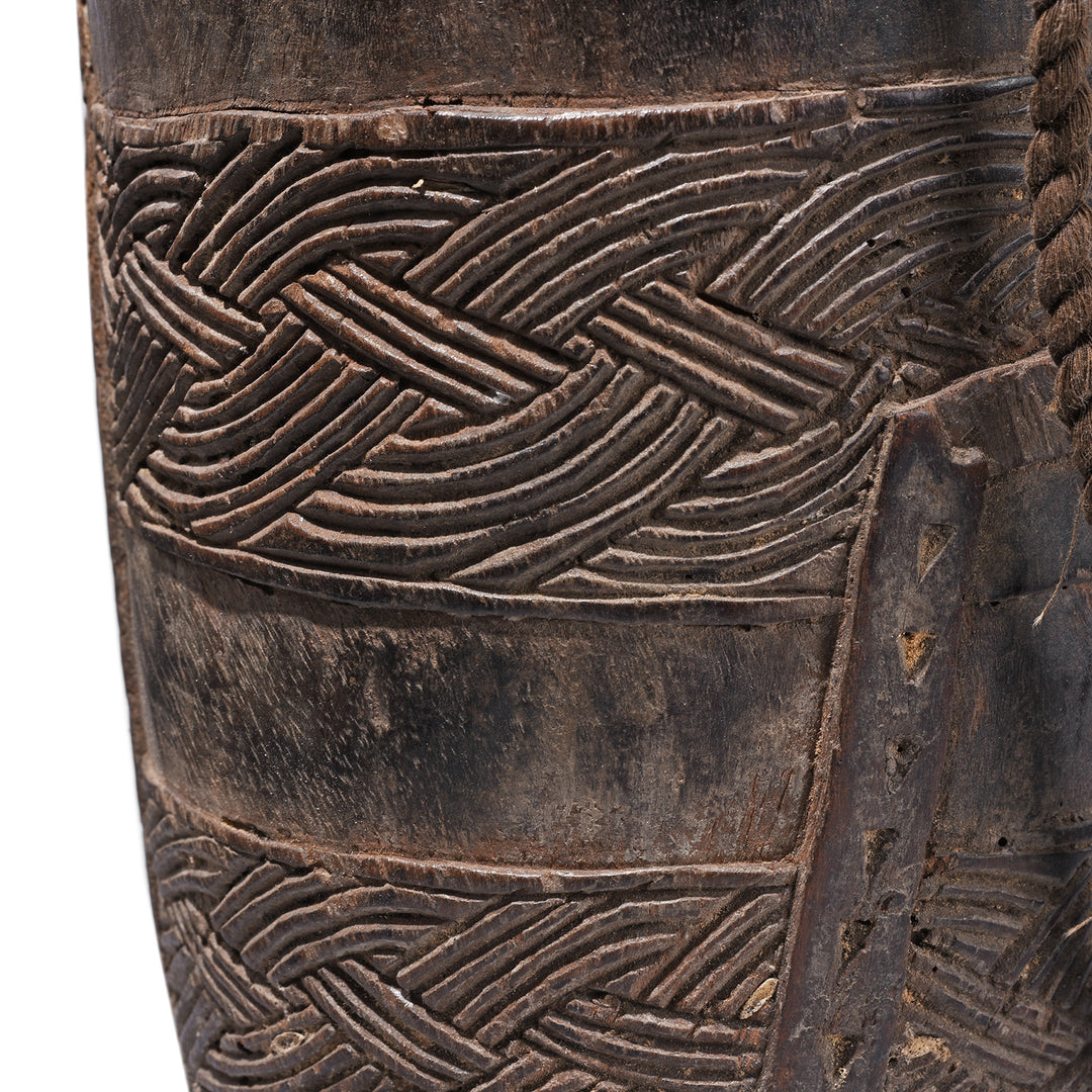 Carving Detail From Nepalese Carved Wooden Milk Jar With Geometric Banding Rope Strap And Integrated Handle Early 20th Century