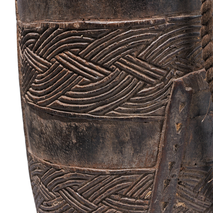 Carving Detail From Nepalese Carved Wooden Milk Jar With Geometric Banding Rope Strap And Integrated Handle Early 20th Century