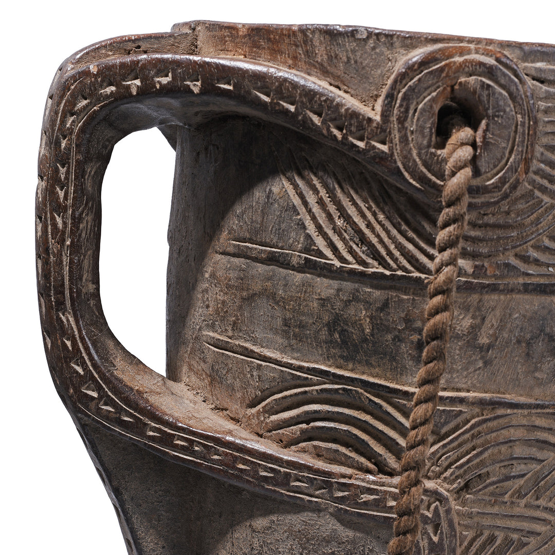 Handle Detail From Nepalese Carved Wooden Milk Jar With Geometric Banding Rope Strap And Integrated Handle Early 20th Century