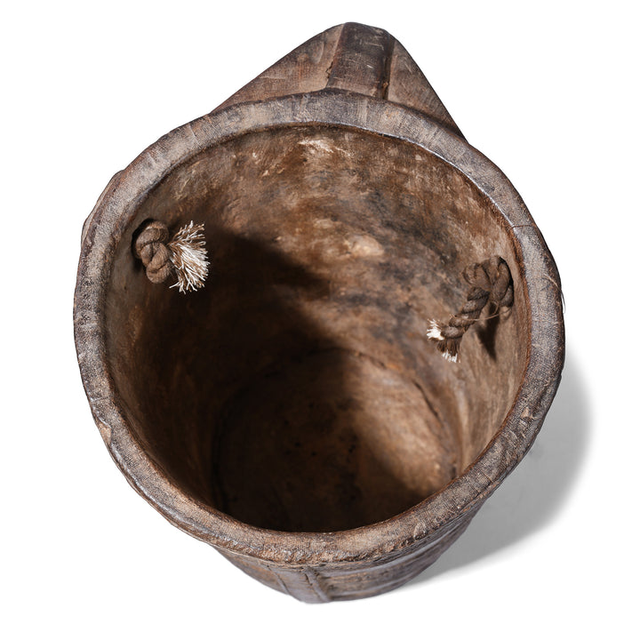 Interior Of Nepalese Carved Wooden Milk Jar With Geometric Banding Rope Strap And Integrated Handle Early 20th Century