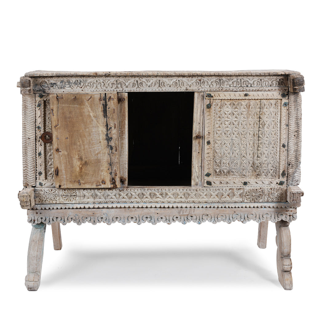 Open Door View Of Antique Bleached Teak Majus Dowry Chest From Gujarat With Floral And Geometric Carving