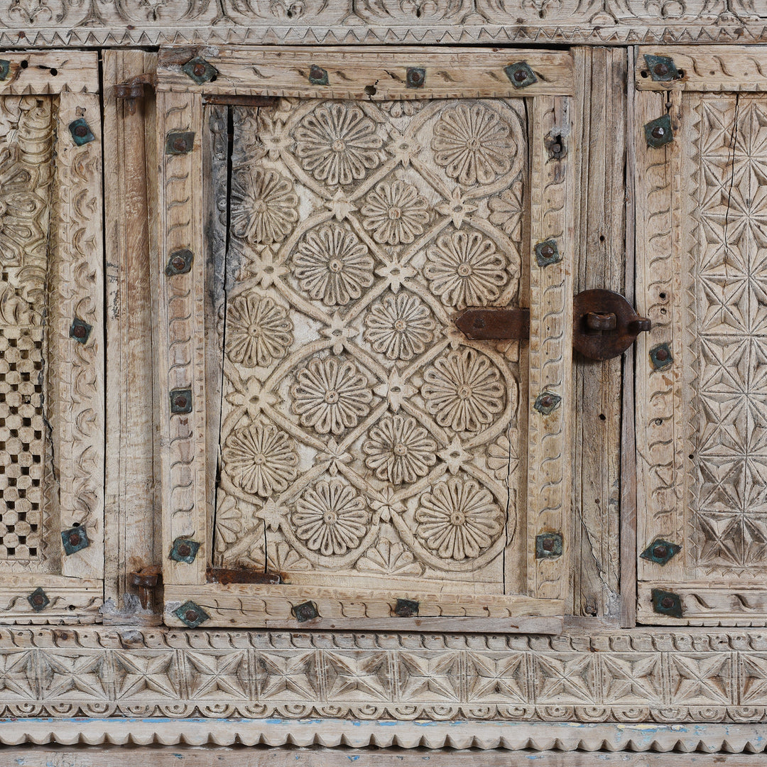 Doors Detail From Antique Bleached Teak Majus Dowry Chest From Gujarat With Floral And Geometric Carving