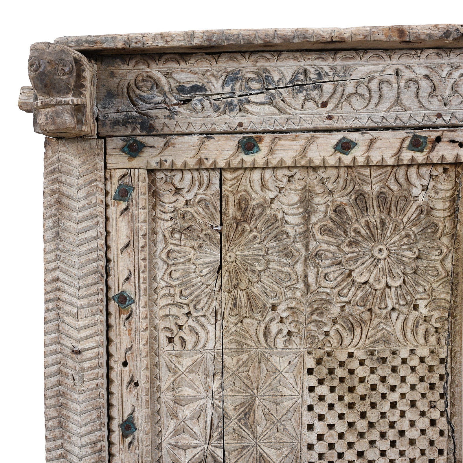 Corner Detail Showing Carving On Antique Bleached Teak Majus Dowry Chest From Gujarat With Floral And Geometric Carving