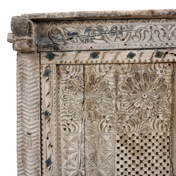 Corner Detail Showing Carving On Antique Bleached Teak Majus Dowry Chest From Gujarat With Floral And Geometric Carving