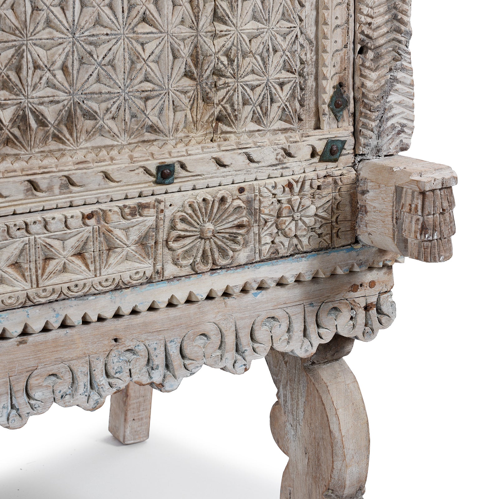 Carving Detail From Antique Bleached Teak Majus Dowry Chest From Gujarat With Floral And Geometric Carving