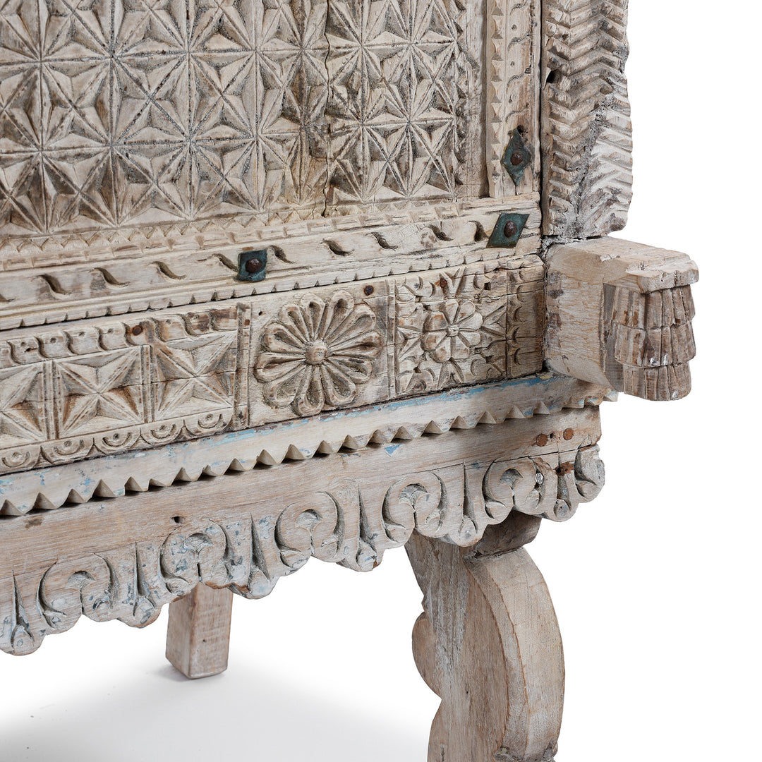 Carving Detail From Antique Bleached Teak Majus Dowry Chest From Gujarat With Floral And Geometric Carving