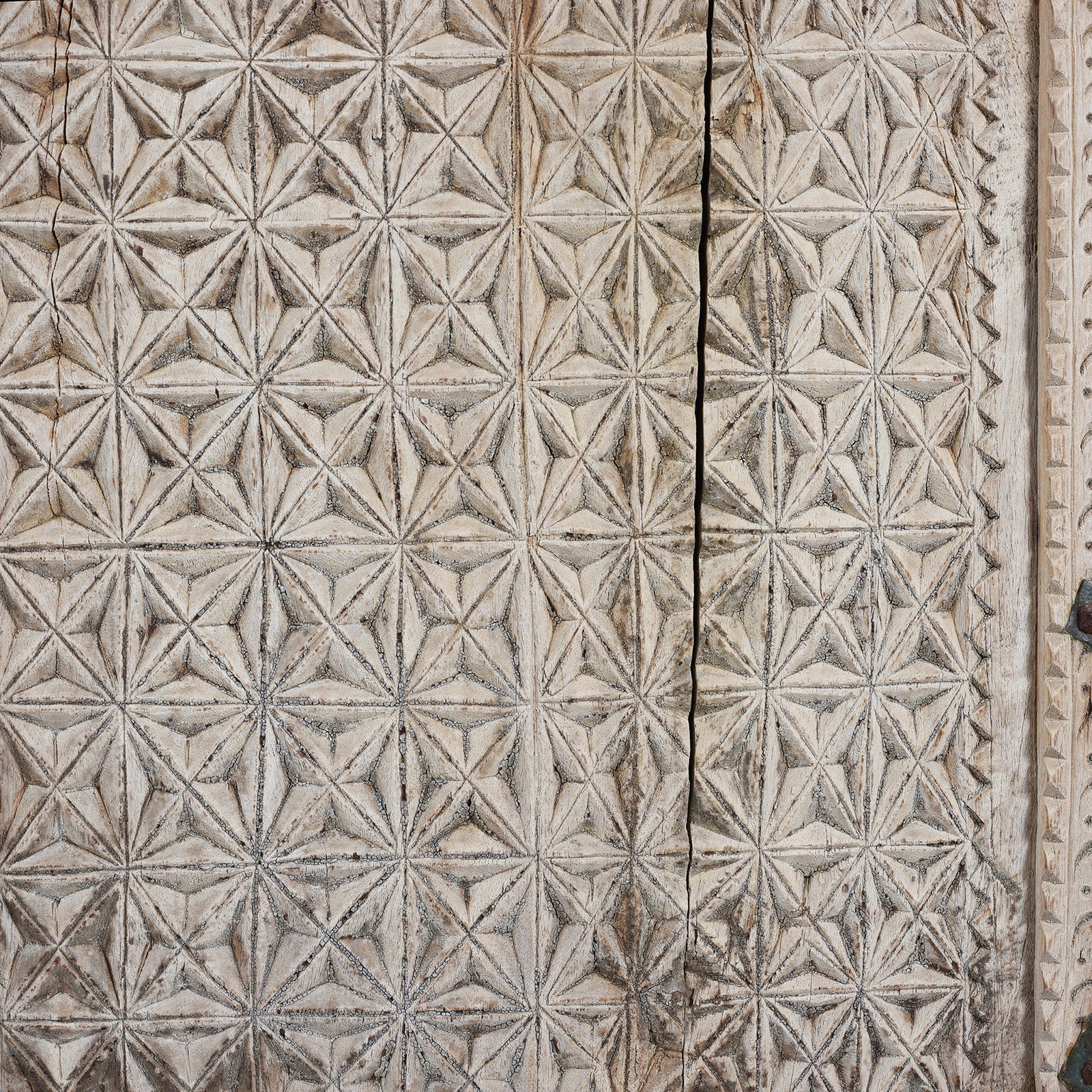Carving Detail From Antique Bleached Teak Majus Dowry Chest From Gujarat With Floral And Geometric Carving