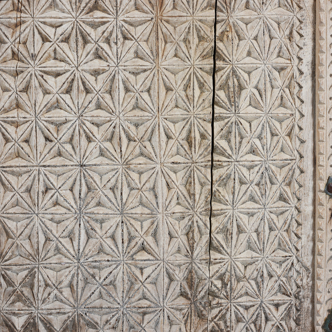 Carving Detail From Antique Bleached Teak Majus Dowry Chest From Gujarat With Floral And Geometric Carving