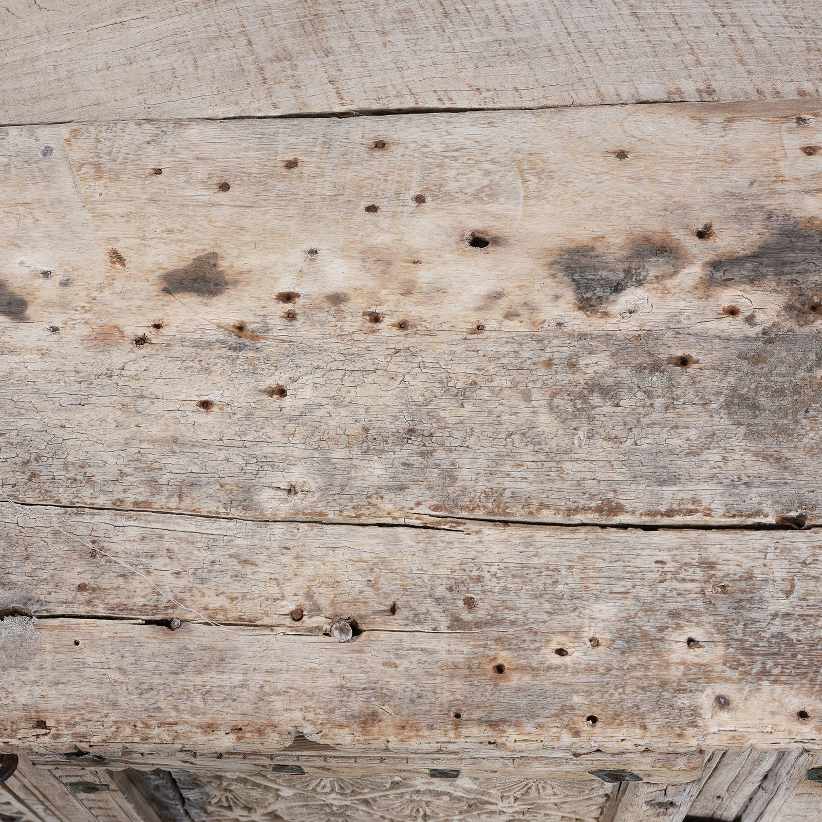 Surface Detail From Top Of Antique Bleached Teak Majus Dowry Chest From Gujarat With Floral And Geometric Carving