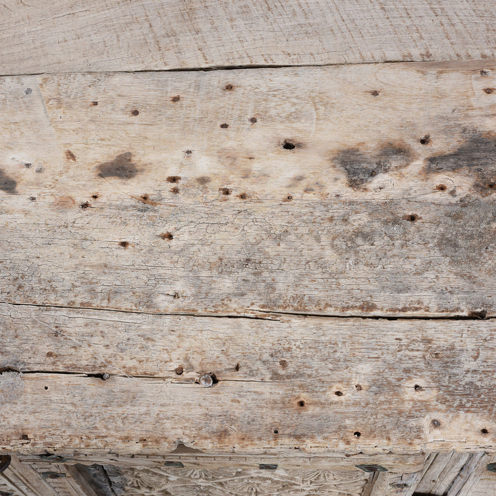 Surface Detail From Top Of Antique Bleached Teak Majus Dowry Chest From Gujarat With Floral And Geometric Carving