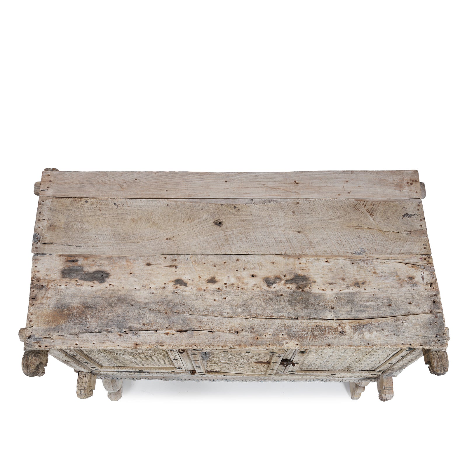 Top Down View Of Antique Bleached Teak Majus Dowry Chest From Gujarat With Floral And Geometric Carving