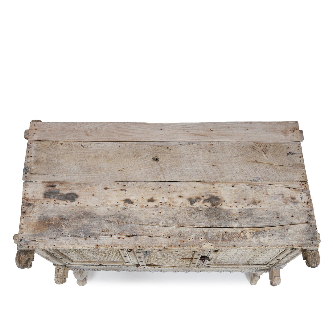 Top Down View Of Antique Bleached Teak Majus Dowry Chest From Gujarat With Floral And Geometric Carving