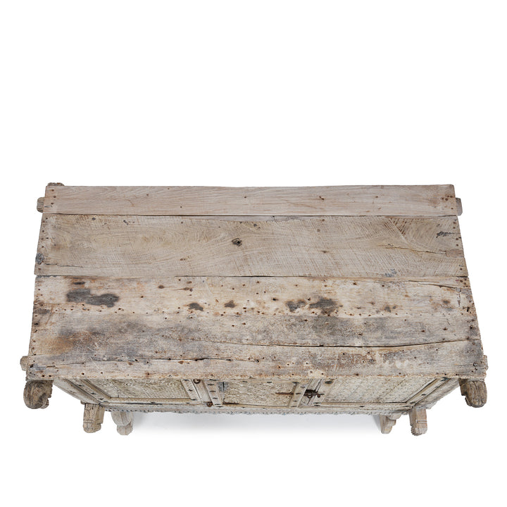 Top Down View Of Antique Bleached Teak Majus Dowry Chest From Gujarat With Floral And Geometric Carving