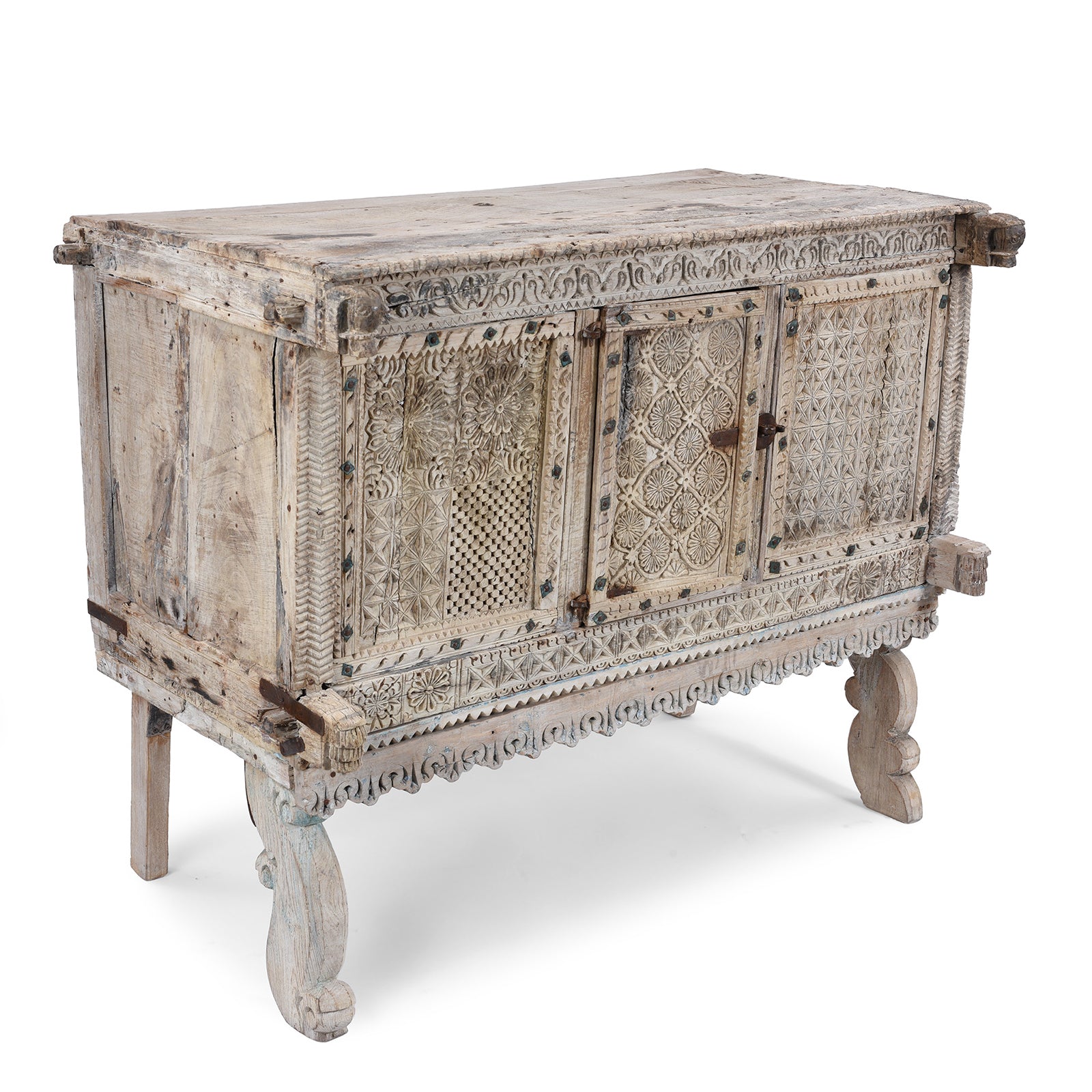 Angled View Of Antique Bleached Teak Majus Dowry Chest From Gujarat With Floral And Geometric Carving