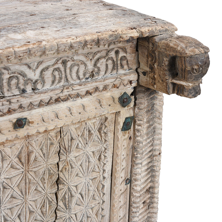 Horse Head Detail From Antique Bleached Teak Majus Dowry Chest From Gujarat With Floral And Geometric Carving