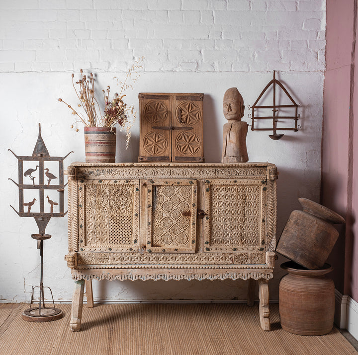Antique Bleached Teak Majus Dowry Chest From Gujarat With Floral And Geometric Carving