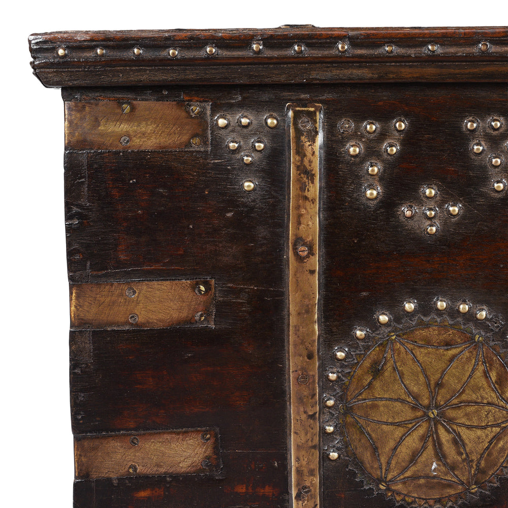 Corner Detail From Antique Indian Brass Bound Teak Chest From Kutch | Indigo Antiques