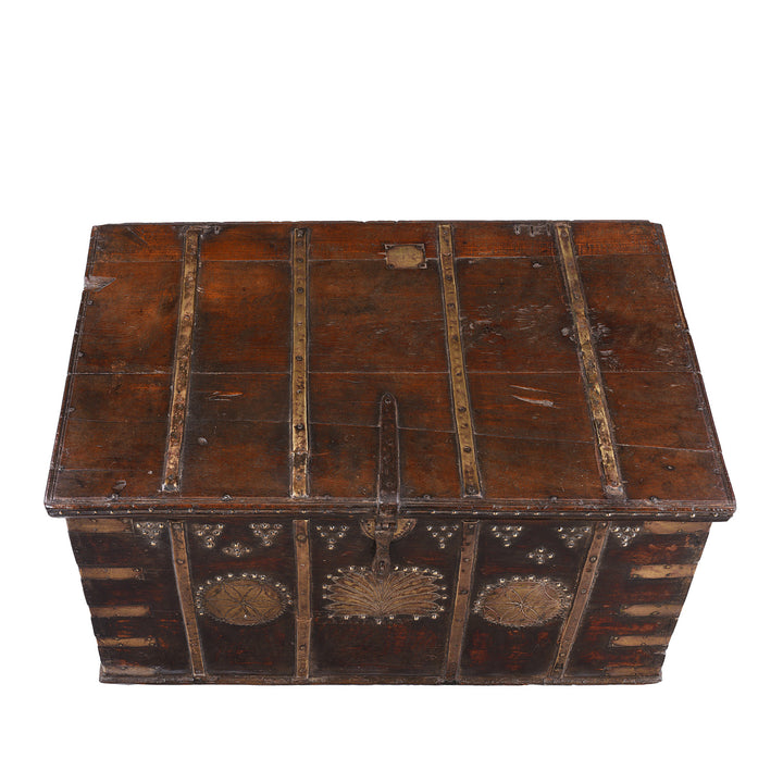 Top Down View Of Antique Indian Brass Bound Teak Chest From Kutch | Indigo Antiques