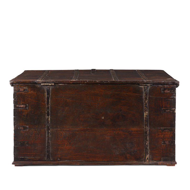 BAck Of Antique Indian Brass Bound Teak Chest From Kutch | Indigo Antiques