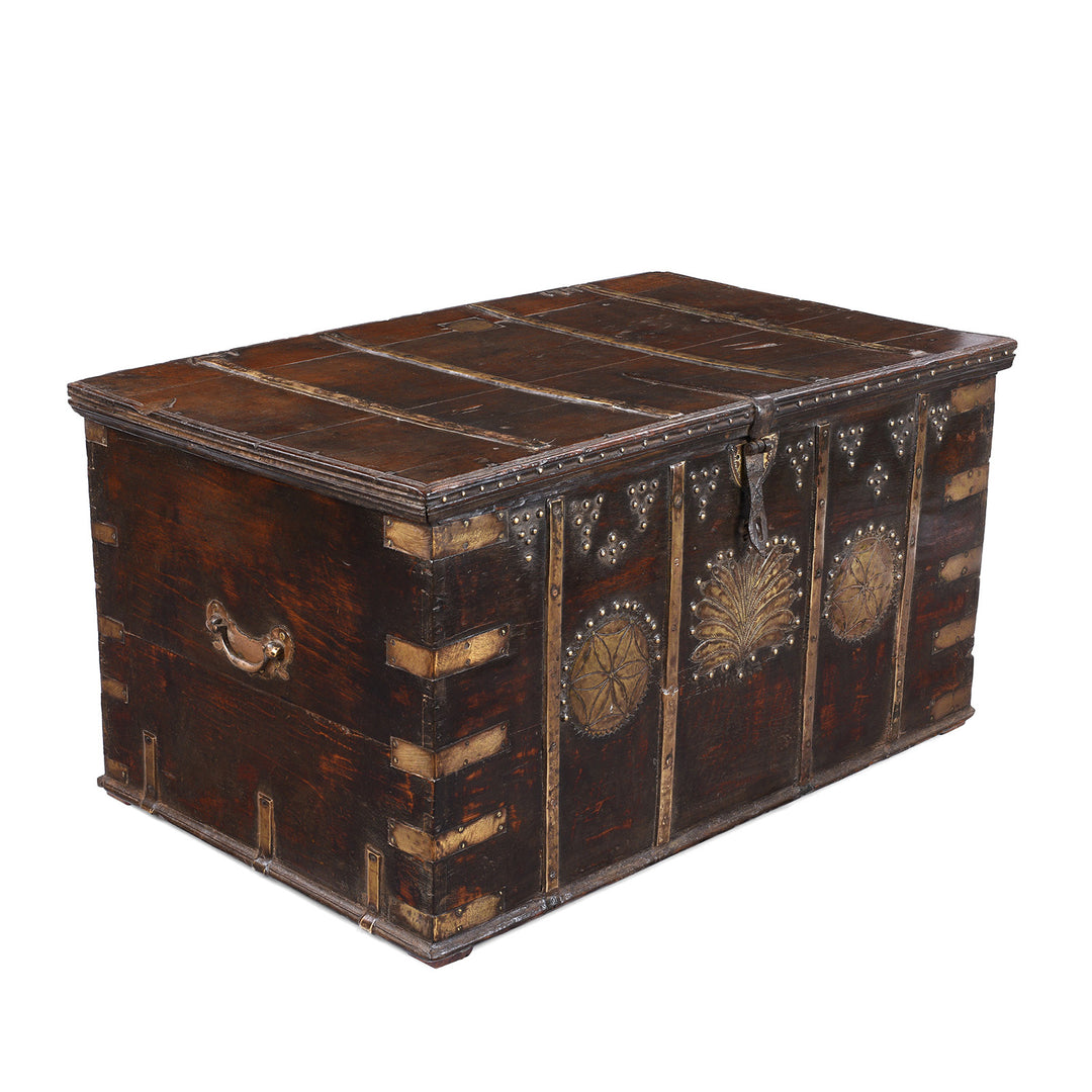 Angled VIew Of Antique Indian Brass Bound Teak Chest From Kutch | Indigo Antiques