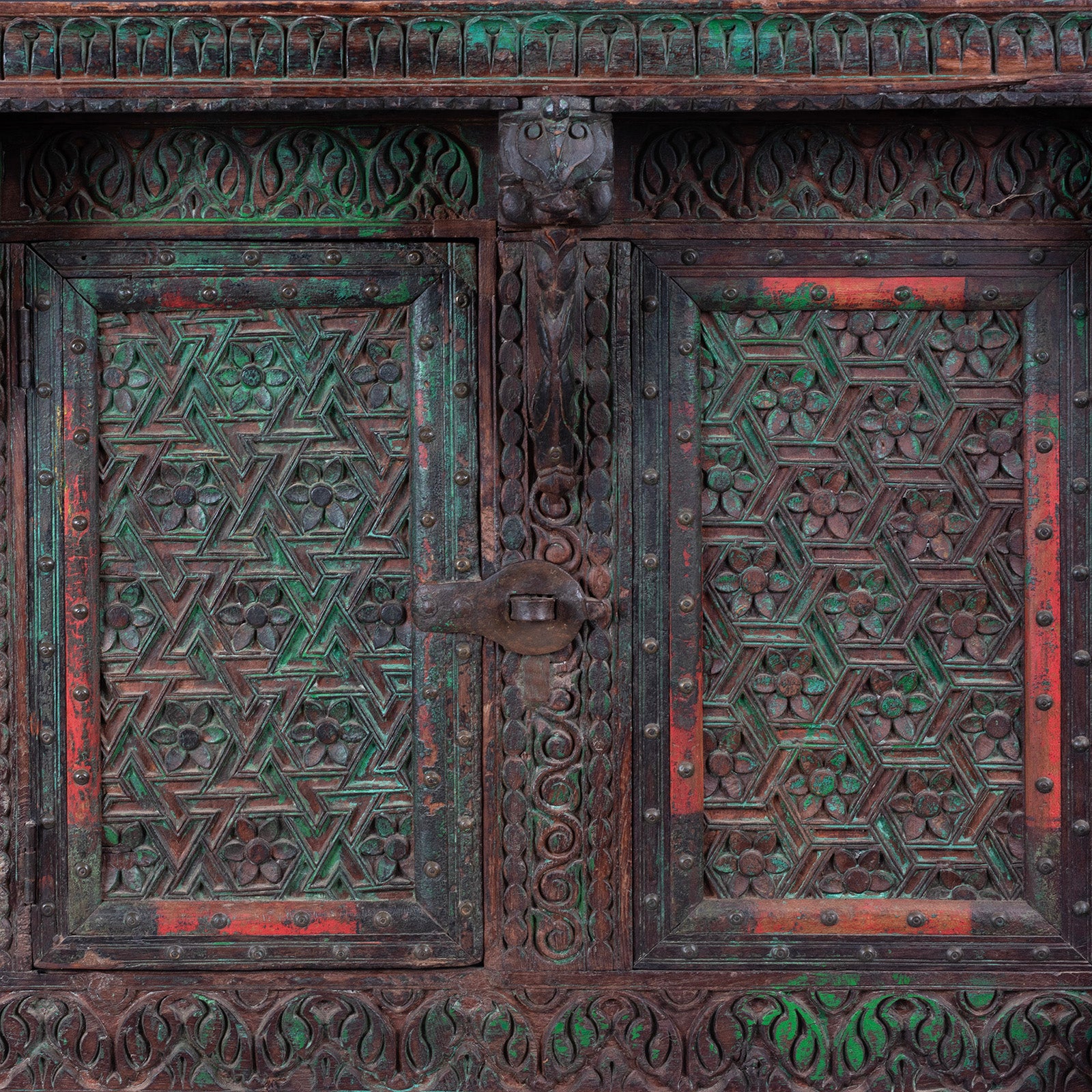 Central Doors Detail From Antique Teak Majus Dowry Chest With Carved Geometric Panels Horse Heads And Parrot Frieze From Gujarat