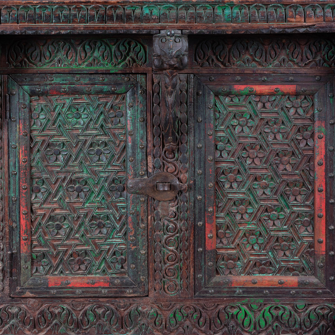 Central Doors Detail From Antique Teak Majus Dowry Chest With Carved Geometric Panels Horse Heads And Parrot Frieze From Gujarat