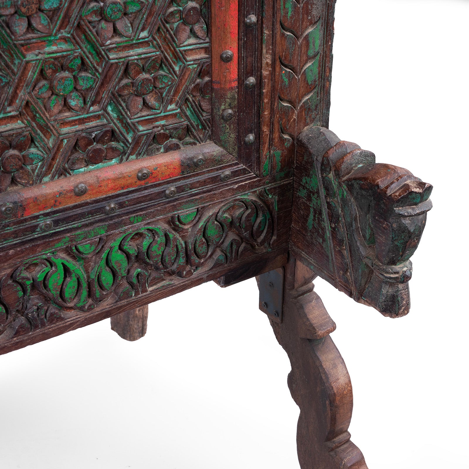 Horse Head Detail From Antique Teak Majus Dowry Chest With Carved Geometric Panels Horse Heads And Parrot Frieze From Gujarat