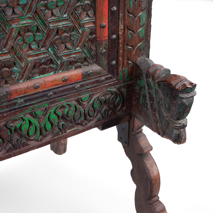 Horse Head Detail From Antique Teak Majus Dowry Chest With Carved Geometric Panels Horse Heads And Parrot Frieze From Gujarat