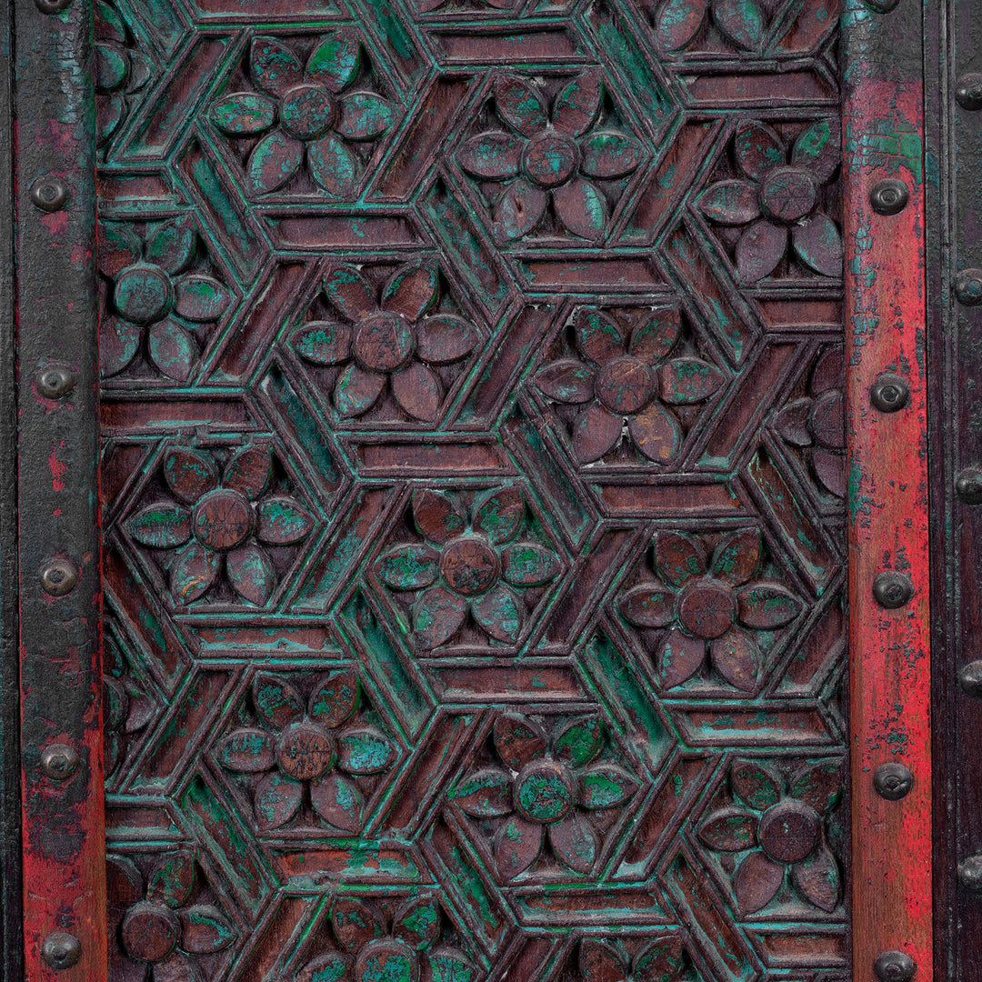 Carving Detail From Antique Teak Majus Dowry Chest With Carved Geometric Panels Horse Heads And Parrot Frieze From Gujarat